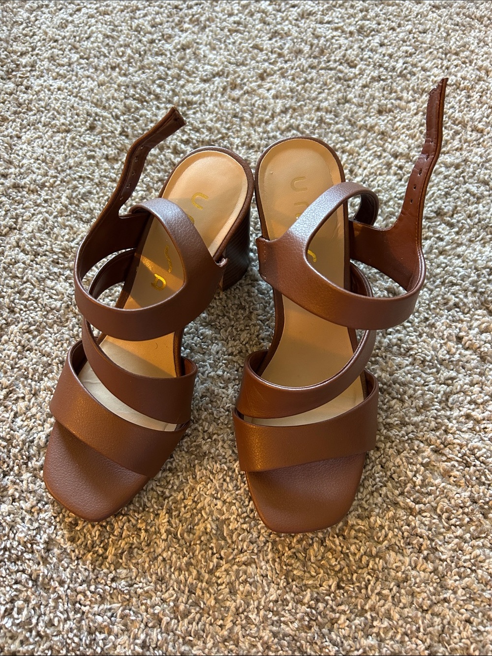Unisa Cognac Triple-Strap Block Heel Sandals